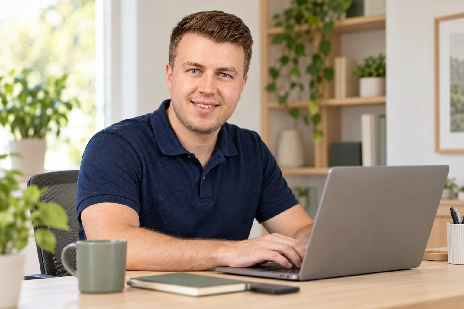 KI-generierte illustrative Arbeitsszene: Marvin Ott an einem Laptop